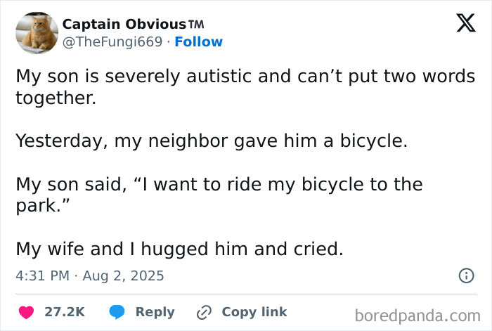 Tweet showing a heartfelt story about wholesome kind neighbors gifting a bicycle to an autistic child, inspiring joy and tears.