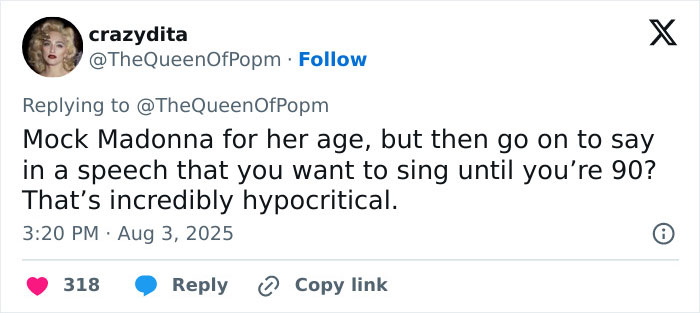 Screenshot of a Twitter reply criticizing ageist and misogynistic comments related to Lady Gaga’s concert speech. - 23