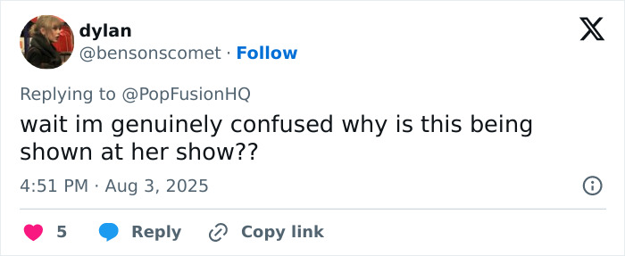 Tweet from user dylan expressing confusion about content shown at Lady Gaga’s concert amid ageist and misogynistic backlash. - 15