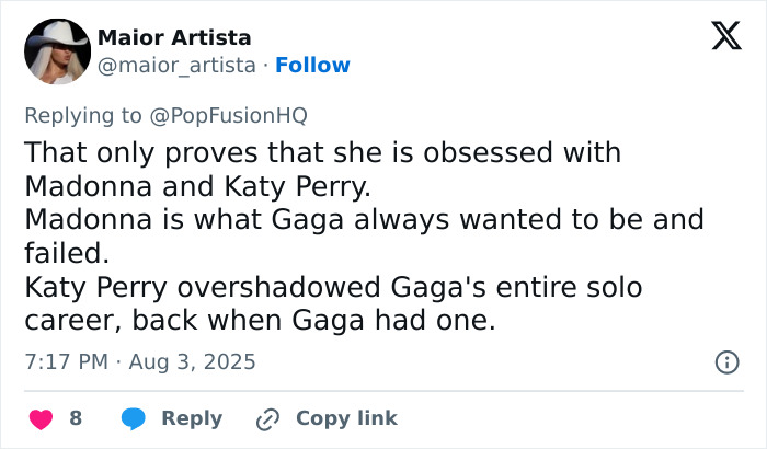 Screenshot of a social media comment criticizing Lady Gaga amid backlash over ageist and misogynistic concert remarks. - 21