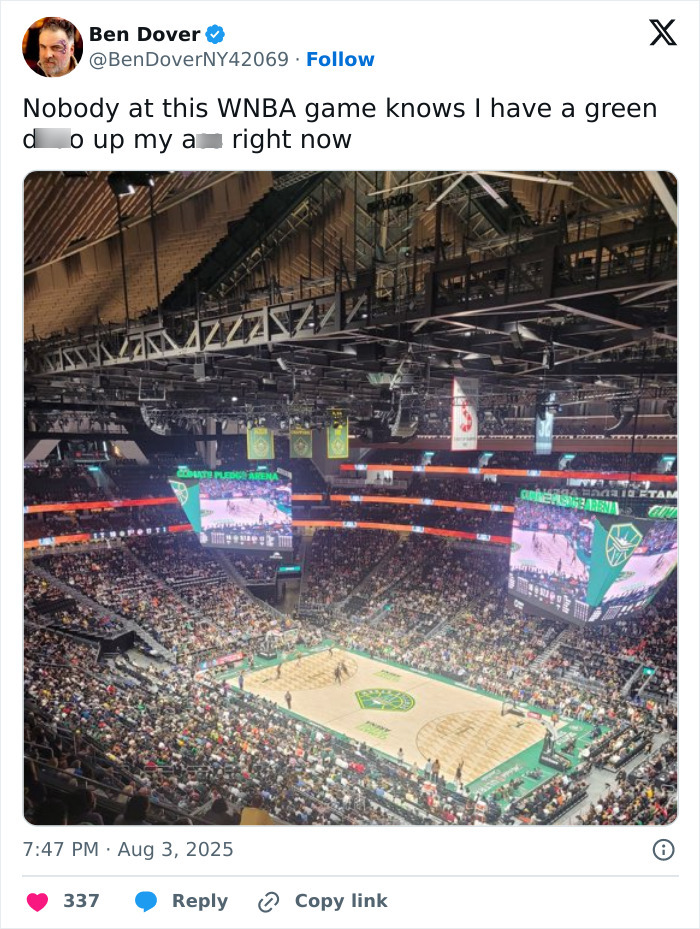 Packed WNBA arena during a live game, with fans watching viral footage of flying dildo hitting WNBA star. Packed WNBA arena during a live game, with fans watching viral footage of flying dildo hitting WNBA star.