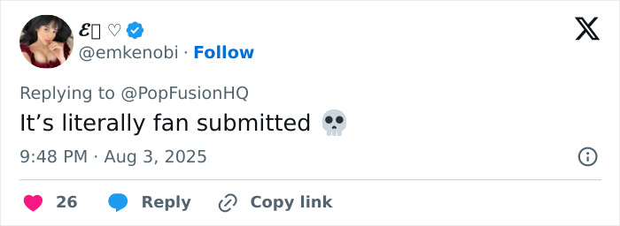 Screenshot of a Twitter reply from user emkenobi stating it’s literally fan submitted, related to Lady Gaga backlash. - 27