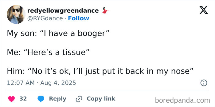 Tweet humor about parenting with a child’s funny response, highlighting relatable moments in family life.