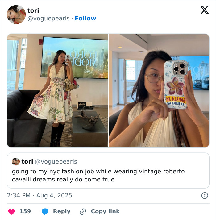 Young Gen Z worker taking mirror selfies, wearing a floral dress and boots, highlighting office dress code debate online.