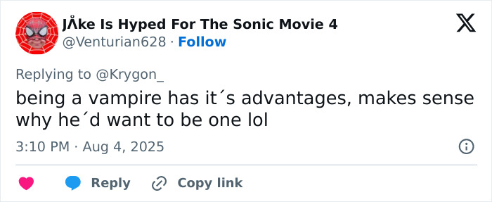 Tweet about being a vampire and its advantages, referencing Andrew Garfield&rsquo;s latest look and botox buzz.