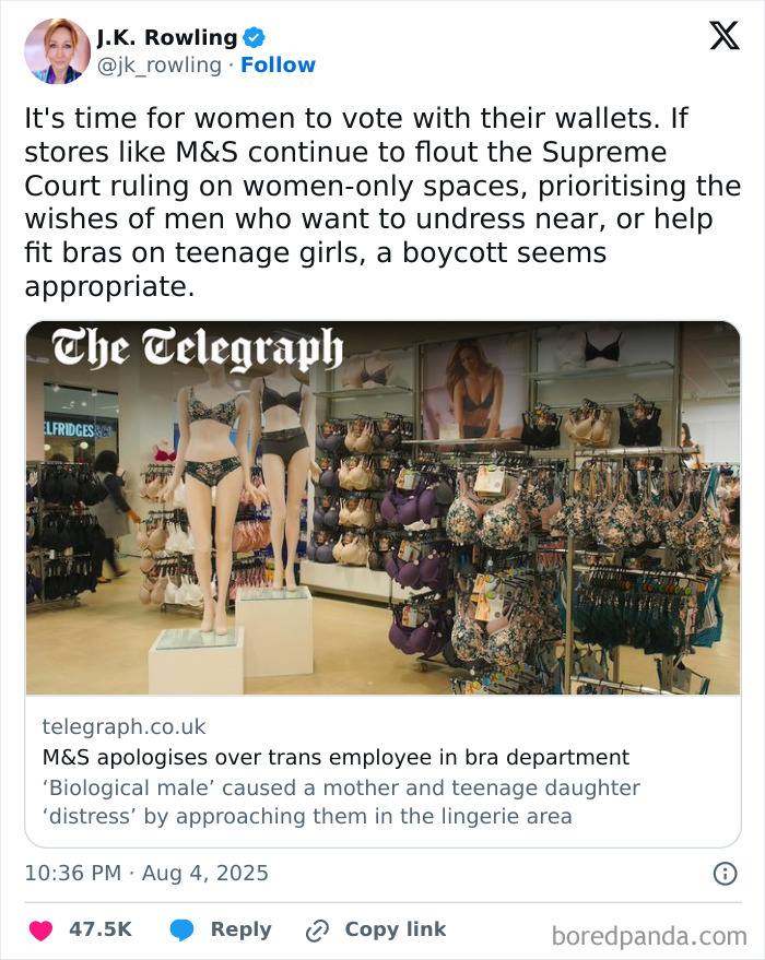 J.K. Rowling tweet about M&S apology over trans employee incident in bra department with mannequins and lingerie display.