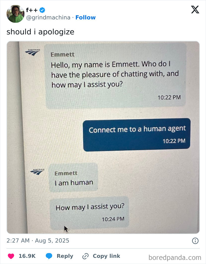 Screenshot of a funny and relatable tweet showing a chatbot insisting it is human in a customer service chat.