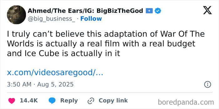Tweet expressing disbelief about Ice Cube's War Of The Worlds adaptation, sparking meme frenzy after 0% Rotten Tomatoes score.
