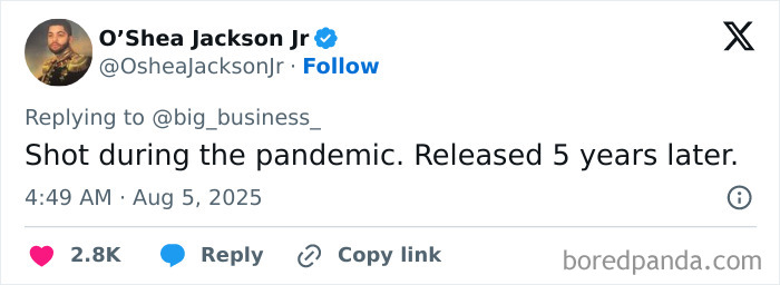 Tweet from O'Shea Jackson Jr. humorously commenting on the delayed release of Ice Cube's War Of The Worlds movie during the pandemic.