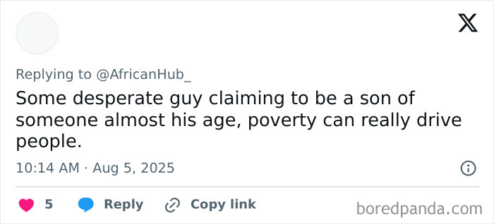 Screenshot of a social media reply discussing a 40-year-old Kenyan man&rsquo;s claim of being Elon Musk&rsquo;s eldest son.