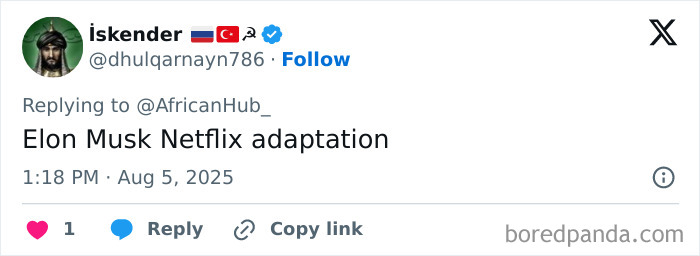 Tweet on screen from user iskender replying to Elon Musk Netflix adaptation, highlighting 40-year-old Kenyan man's claim about being Elon Musk&rsquo;s eldest son.