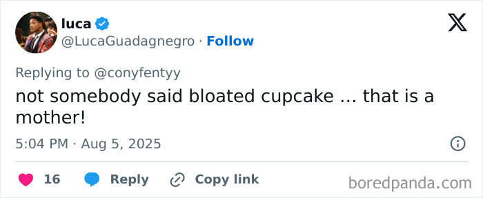 Screenshot of a tweet mocking Rihanna's maternity dress, highlighting the phrase bloated cupcake in the discussion.