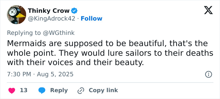 Tweet discussing mermaids’ beauty and how a famous mermaid statue is criticized for its portrayal of the female body. - 8