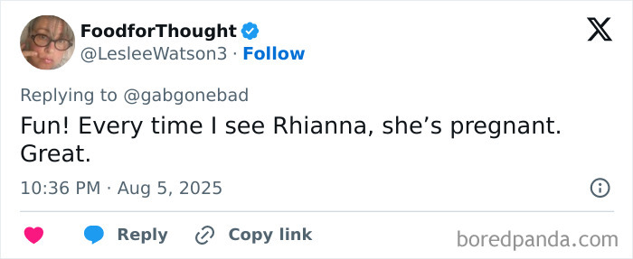 Tweet mocking Rihanna's maternity dress as bloated cupcake, sparking fan reactions about the outfit's absurd price.