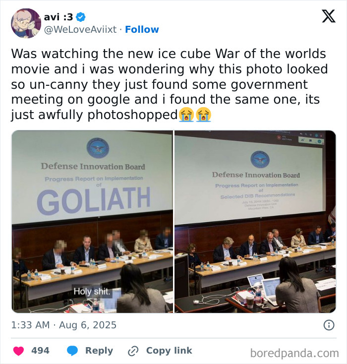 Two side-by-side images showing a government meeting featured in Ice Cube's War of the Worlds movie with blurred attendees.