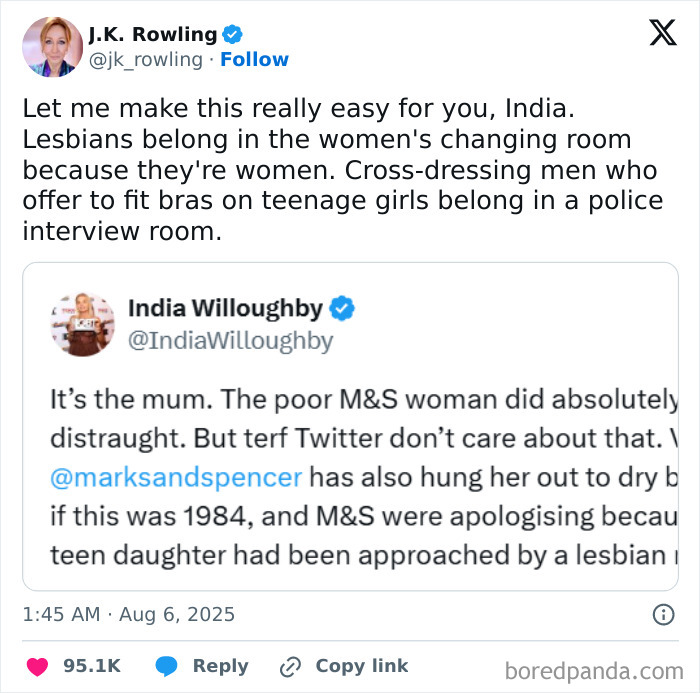 J.K. Rowling tweets about alleged trans employee offering bra fitting help to teenage girl.