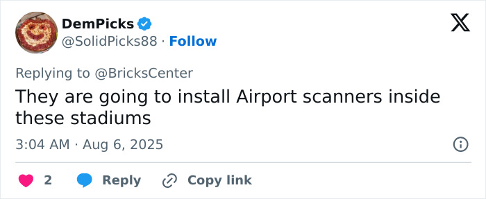 Tweet by DemPicks joking about installing airport scanners in stadiums, referencing viral footage of flying dildo hitting WNBA star. Tweet by DemPicks joking about installing airport scanners in stadiums, referencing viral footage of flying dildo hitting WNBA star.
