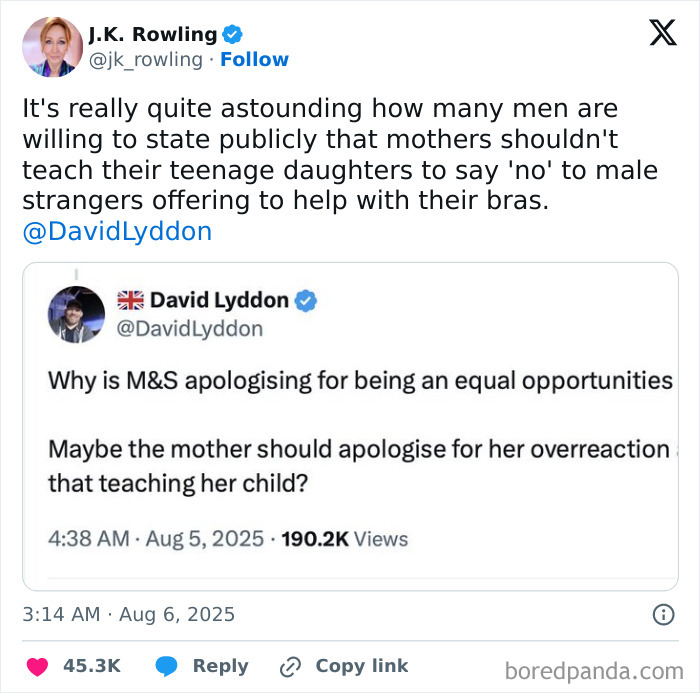 J.K. Rowling responds to controversy over alleged trans employee offering help to a 14-year-old at M&S.