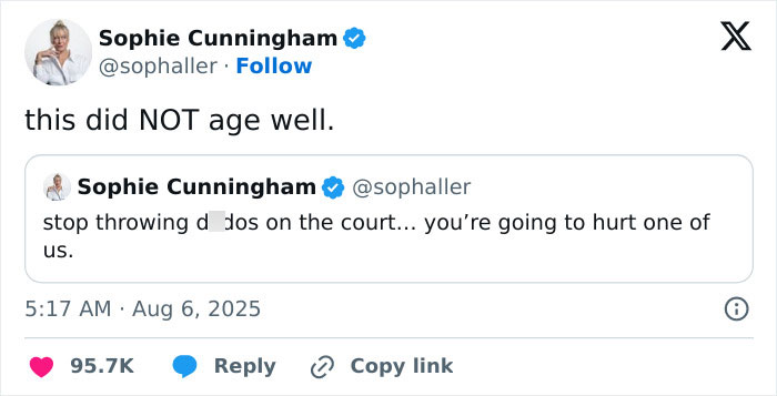 Tweet from WNBA star Sophie Cunningham reacting humorously to viral footage of a flying dildo hitting during a game. Tweet from WNBA star Sophie Cunningham reacting humorously to viral footage of a flying dildo hitting during a game.