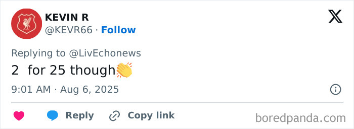 Tweet screenshot showing user Kevin R replying with "2 for 25 though" and a clapping hands emoji. Tweet screenshot showing user Kevin R replying with "2 for 25 though" and a clapping hands emoji.