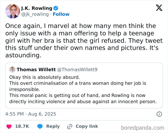 J.K. Rowling comments on controversy over alleged trans employee offering help to teenage girl in public dispute.