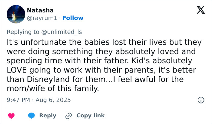Tweet discussing the heartbreaking final phone call from a man to his wife before a tragic explosion took him and his daughters.