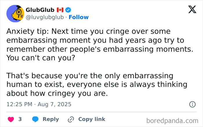Tweet about anxiety and embarrassing moments, relatable to neurodivergent people, shared as a humorous meme.