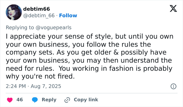 Screenshot of a social media comment defending Gen Z worker on office dress code, discussing workplace rules and style.