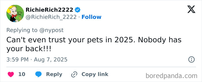 Tweet from RichieRich2222 expressing distrust in pets in 2025, related to a talking parrot helping bust a major gang operation. Tweet from RichieRich2222 expressing distrust in pets in 2025, related to a talking parrot helping bust a major gang operation.