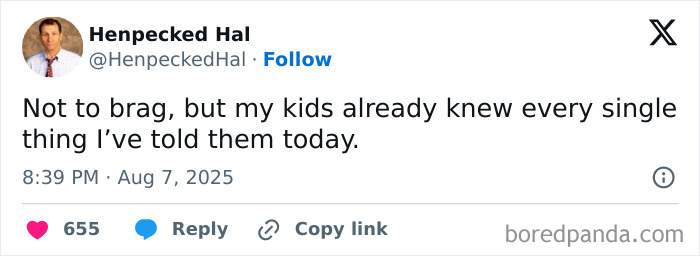 Tweet from Henpecked Hal humorously about kids knowing everything told to them, part of funny tweets about kids.