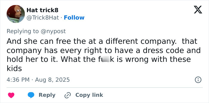 Tweet expressing frustration over Gen Z worker dress code debate, highlighting opinions on office dress codes and workplace rules.