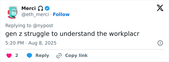 Screenshot of a social media post defending Gen Z worker over office dress code, highlighting workplace struggles.