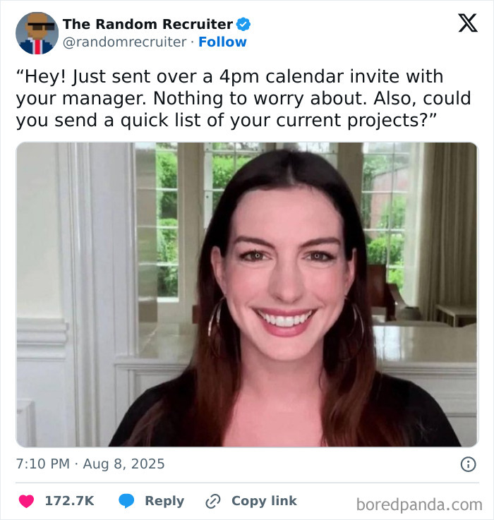 Tweet featuring a smiling woman in a video call, part of funny and relatable tweets from August for stress relief.