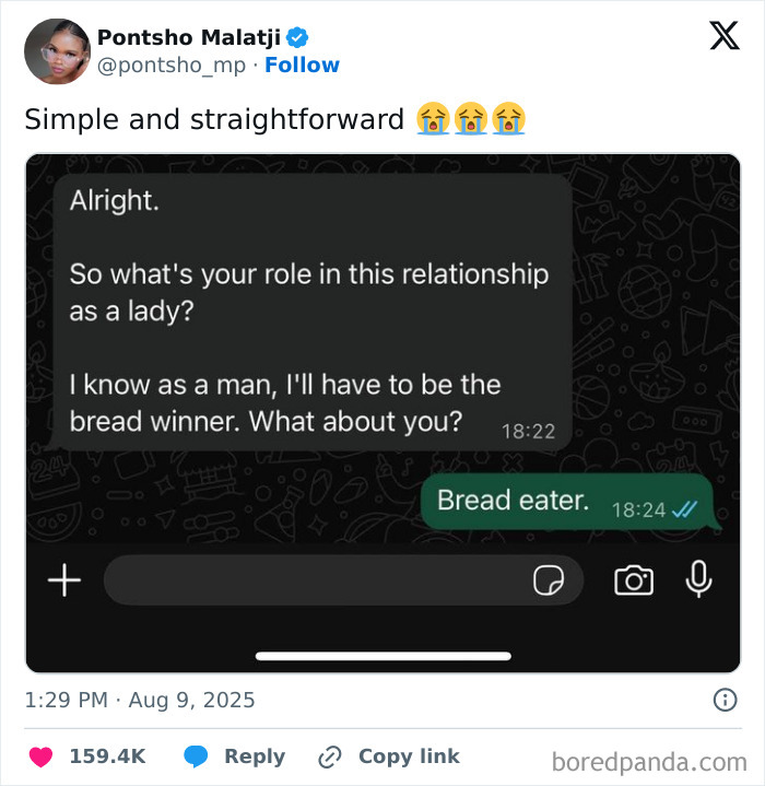 Funny and relatable tweet with a witty response about roles in a relationship for anyone overwhelmed by news in August.