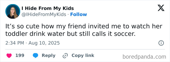 Tweet from a parenting humor account sharing a funny observation about toddlers and soccer, related to kids humor.