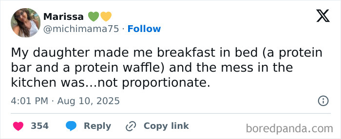 Tweet showing a humorous parenting moment with breakfast made in bed, shared in a funny kids-related tweet collection.