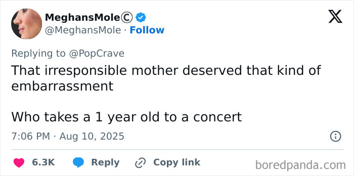 Tweet criticizing irresponsible mom bringing a 1-year-old to a concert, sparking debate about concert etiquette and parenting. Tweet criticizing irresponsible mom bringing a 1-year-old to a concert, sparking debate about concert etiquette and parenting.