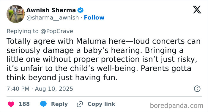 Tweet discussing a singer stopping concert after spotting irresponsible mom risking baby's hearing at loud event. Tweet discussing a singer stopping concert after spotting irresponsible mom risking baby's hearing at loud event.