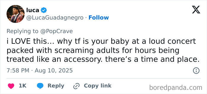 Tweet criticizing irresponsible mom at loud concert, sparking debate over appropriate behavior during singer's show. Tweet criticizing irresponsible mom at loud concert, sparking debate over appropriate behavior during singer's show.
