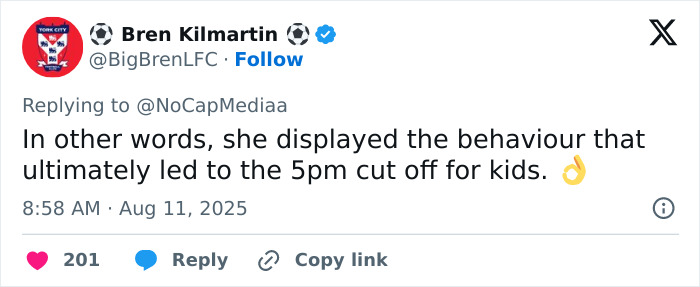Tweet from Bren Kilmartin explaining behavior linked to two tier policy leading to 5pm cut off for school kids at McDonald's.