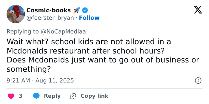 Tweet questioning McDonald's policy banning school kids, sparking mass debate over two tier treatment after 13-year-old arrest.