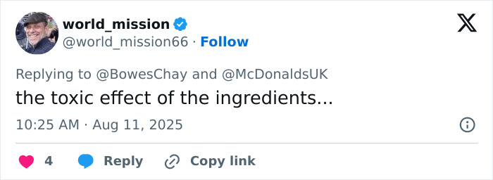 Screenshot of a tweet discussing the toxic effect of ingredients amid mass debate on McDonald's school kids policy.