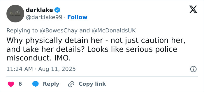 Screenshot of a tweet discussing police misconduct in the mass debate over McDonald's school kids policy.