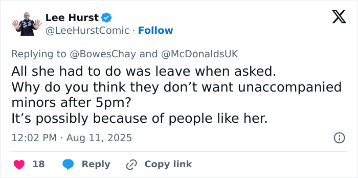 Tweet discussing policy on unaccompanied minors at McDonald's sparking mass debate after 13-year-old girl arrested.