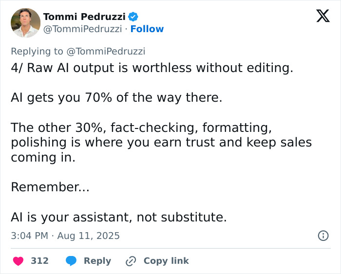 Tweet by entrepreneur discussing AI's role in publishing, emphasizing editing for trust and sales in AI book creation.