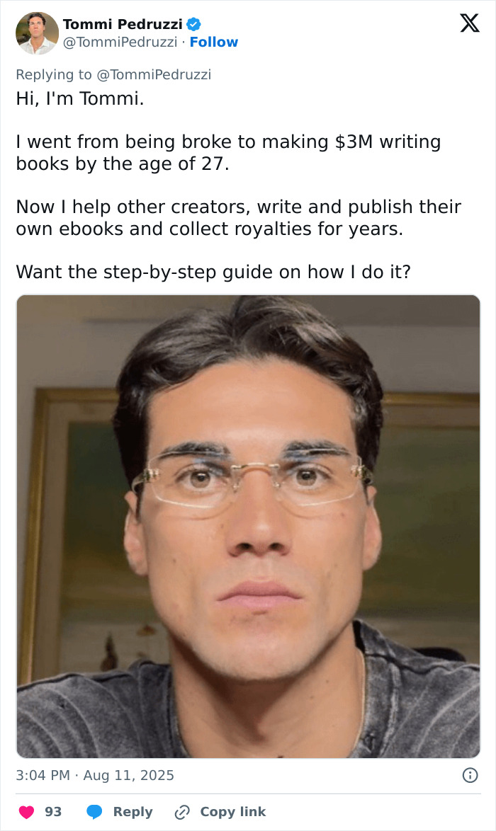 Young entrepreneur wearing glasses, sharing success story of using AI to publish books and earn millions.