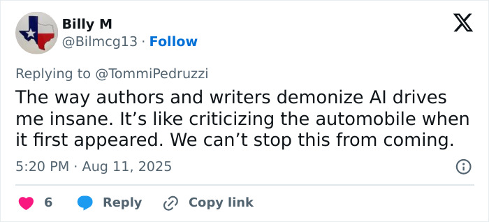 Tweet discussing authors criticizing AI in writing, highlighting unstoppable impact of AI in publishing and books.