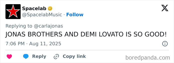 Tweet by Spacelab praising Jonas Brothers and Demi Lovato, related to Nick Jonas revelation about sitting in bed with wife. Tweet by Spacelab praising Jonas Brothers and Demi Lovato, related to Nick Jonas revelation about sitting in bed with wife.