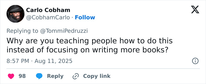 Screenshot of a tweet discussing teaching AI book publishing versus focusing on writing more books by a young entrepreneur.