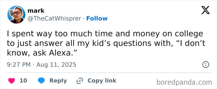 Tweet about parenting humor with a funny take on answering kids’ questions, suitable for chuckle-worthy tweets.